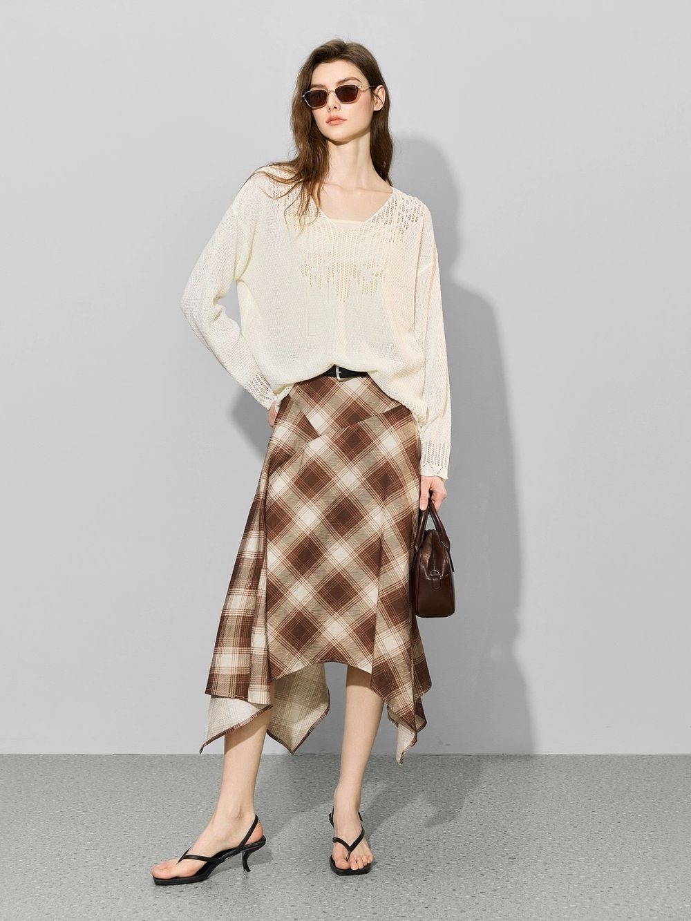 Plaid Handkerchief Hem Midi Skirt in Brown and Cream - Picture 2 of 8